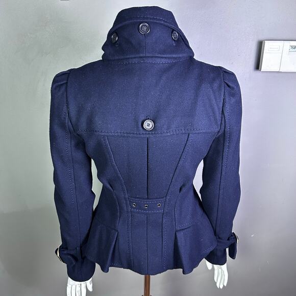 BCBG MaxAzria coat XS Pea Coat Military Ruffle Regal Royal Wool Spy Blue Trench - Picture 9 of 16